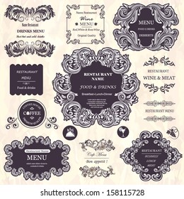 vector set: calligraphic design elements and floral frames for restaurant menu design. . All objects are grouped separately