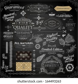 Vector set of calligraphic design elements: page decoration, Premium Quality and Satisfaction Guarantee Label, antique and baroque frames | Chalkboard background. Black illustration variant.