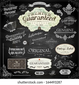 Vector set of calligraphic design elements: page decoration, Premium Quality and Satisfaction Guarantee Label, antique and baroque frames | Chalkboard background. Black illustration variant.