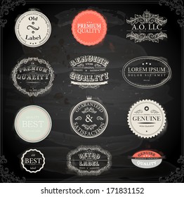 Vector set of calligraphic design elements: page decoration, Premium Quality and Satisfaction Guarantee Label, antique and baroque frames | Chalkboard background. Black illustration variant.