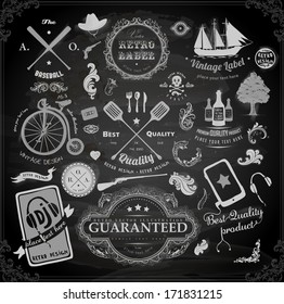 vector set: calligraphic design elements and page decoration, Premium Quality and Satisfaction Guarantee Label collection with retro signs: ship, bicycle, tree, flowers | Chalkboard vector variant.