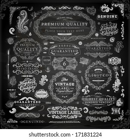 Vector set of calligraphic design elements: page decoration, Premium Quality and Satisfaction Guarantee Label, antique and baroque frames | Chalkboard background. Black illustration variant.