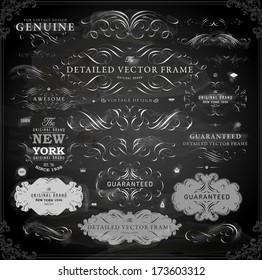 Vector set of calligraphic design elements: page decoration, Premium Quality and Satisfaction Guarantee Label, antique and baroque frames | Chalkboard background. Black illustration variant.