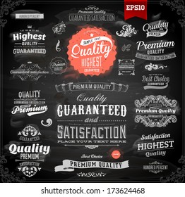 Vector set of calligraphic design elements: page decoration, Premium Quality and Satisfaction Guarantee Label, antique and baroque frames | Chalkboard background. Black illustration variant.