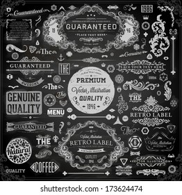 Vector set of calligraphic design elements: page decoration, Premium Quality and Satisfaction Guarantee Label, antique and baroque frames | Chalkboard background. Black illustration variant.