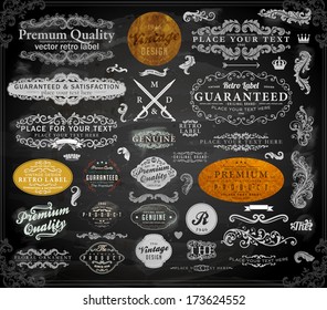 Vector set of calligraphic design elements: page decoration, Premium Quality and Satisfaction Guarantee Label, antique and baroque frames | Chalkboard background. Black illustration variant.