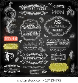 Vector set of calligraphic design elements: page decoration, Premium Quality and Satisfaction Guarantee Label, antique and baroque frames | Chalkboard background. Black illustration variant.