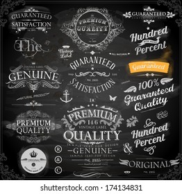 Vector set of calligraphic design elements: page decoration, Premium Quality and Satisfaction Guarantee Label, antique and baroque frames | Chalkboard background. Black illustration variant.