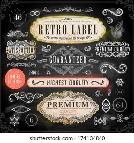 Vector set of calligraphic design elements: page decoration, Premium Quality and Satisfaction Guarantee Label, antique and baroque frames | Chalkboard background. Black illustration variant.