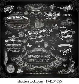 Vector set of calligraphic design elements: page decoration, Premium Quality and Satisfaction Guarantee Label, antique and baroque frames | Chalkboard background. Black illustration variant.