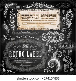 Vector set of calligraphic design elements: page decoration, Premium Quality and Satisfaction Guarantee Label, antique and baroque frames | Chalkboard background. Black illustration variant.