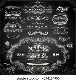 Vector set of calligraphic design elements: page decoration, Premium Quality and Satisfaction Guarantee Label, antique and baroque frames | Chalkboard background. Black illustration variant.