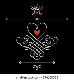 Vector set of calligraphic design elements with motive of hearts, crown, flourish. Valentines, wedding original decorative illustration 