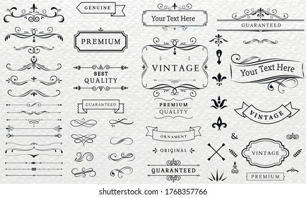 Vector set of calligraphic design elements: page decoration, Premium Quality and Satisfaction Guarantee Label, antique and baroque frames and floral ornaments | Old paper texture with grunge frames.