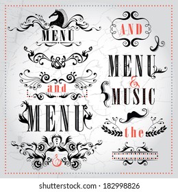 Vector set calligraphic design elements and page decoration lots of useful elements to embellish your layout, unusual frames in cabaret retro style for restaurant, cafe and concert stuff