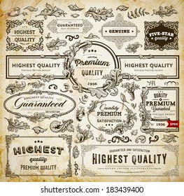 Vector set of calligraphic design elements: page decoration, Premium Quality and Satisfaction Guarantee Label, antique and baroque frames | Old paper texture with dirty footprints of a cup of coffee. 