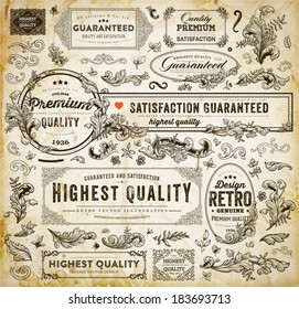 Vector Set of Calligraphic Design Elements: Page Decoration, Premium Quality and Satisfaction Guarantee Label, Antique and Baroque Frames | Old Paper Texture with dirty coffee cup stains.