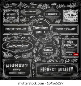 Vector set of calligraphic design elements: page decoration, Premium Quality and Satisfaction Guarantee Label, antique and baroque frames | Chalkboard background. Black illustration variant.