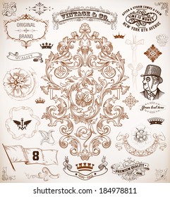 Vector Set of Calligraphic Design Elements. Antique and Baroque Frames, Premium Quality Label