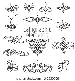 Vector set of calligraphic design elements isolated on white background. Page decorations, dividers, flourishes, vintage frames and headers.