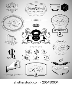 Vector Set: Calligraphic Design Elements, Page Decoration,  Vintage Crests and Emblems, Ribbons, Labels and Cities Lettering