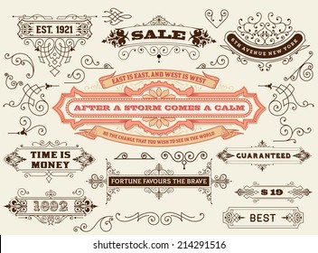 Vector. Set of calligraphic design elements: Labels, banners, baroque frames and floral ornaments collection