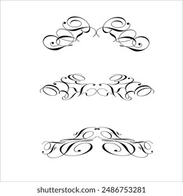 Vector set of calligraphic design elements in black lines swirl on white background