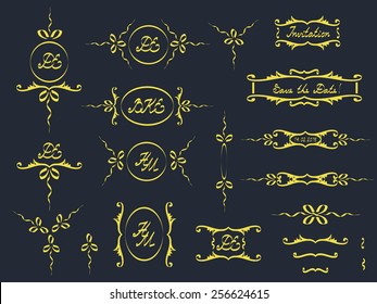 Vector set: calligraphic design elements and page decoration Vintage design elements Monogram, initials, DE, HM, BKE, Invitation, 14.02.2016, Save the Date Vector illustration