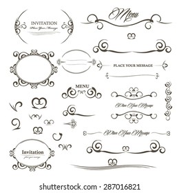 Vector set calligraphic design elements. Calligraphic design elements and page decoration. Calligraphic elements for menu, invitation, postcard, card, love decor. Set of Decorative elements, ornate.