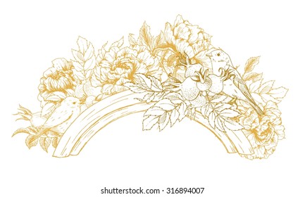 Vector set of calligraphic design elements, Vintage botanical round frame with rose hips, berries and birds, Vintage Floral Greeting Card with colorful, Vector Illustration