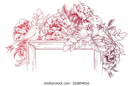 Vector set of calligraphic design elements, Vintage botanical  frame with rose hips, berries and birds,peonies, Vintage Floral Greeting Card with colorful, Vintage square frame