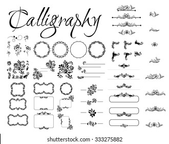 Vector set of calligraphic design elements, page decor, dividers and ornate headpieces. Rome style calligraphy.