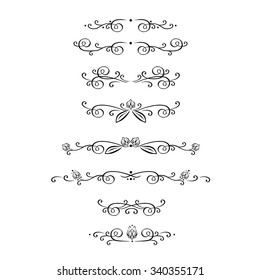 Vector set of calligraphic design elements, page decoration, decorative borders, ornamental rules, dividers. Nature ornaments. Elegant vintage floral style.