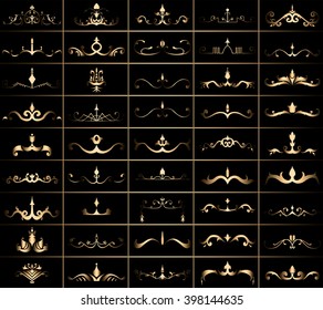 Vector set of calligraphic design elements: page decoration, Premium Quality and Satisfaction Guarantee Label, antique and baroque frames | Chalkboard background. Black illustration variant.