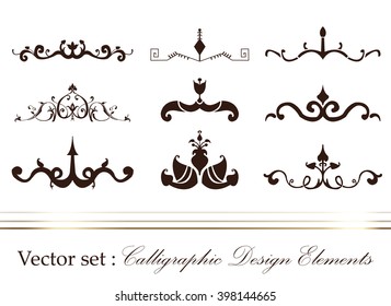 Vector set of calligraphic design elements: page decoration, Premium Quality and Satisfaction Guarantee Label, antique and baroque frames | Chalkboard background. Black illustration variant.