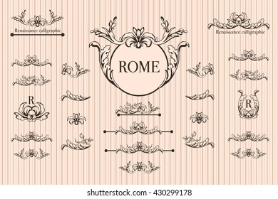 Vector set of calligraphic design elements, page decor, dividers and ornate headpieces. Rome style calligraphy.