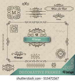 Vector set: calligraphic design elements and page decoration: frames, corners, monograms etc.