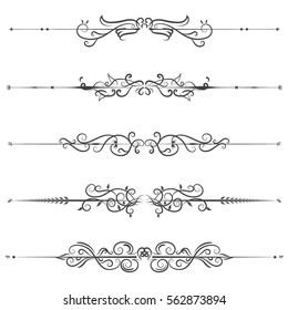 Vector set of calligraphic design elements in black lines swirl on white background, Borders and dividers decorative