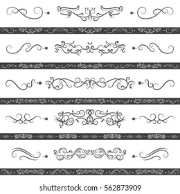 Vector set of calligraphic design elements in black lines swirl on white background, Borders and dividers decorative