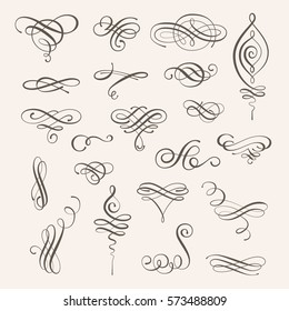 Vector set of calligraphic design elements and page decorations. Elegant collection of hand drawn swirls and curls for your design. Isolated on beige background.