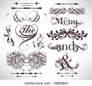 vector set: calligraphic design elements and page decoration - lots of useful elements to embellish your layout, detailed antique and baroque frames with retro flowers and floral borders. eps 10.
