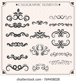 Vector set of calligraphic design elements and page decorations. Elegant collection of hand drawn swirls and curls for your design. Isolated on beige background.