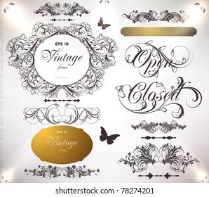 vector set: calligraphic design elements and page decoration - lots of useful elements to embellish your layout, detailed antique and baroque frames with retro flowers and floral borders. eps 10.