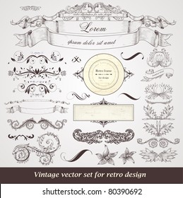 vector set of calligraphic design elements: frames, ribbons, floral ornaments with flowers for decoration