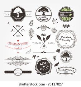 vector set: calligraphic design elements and page decoration, Premium Quality and Natural Product Label collection with black grungy design