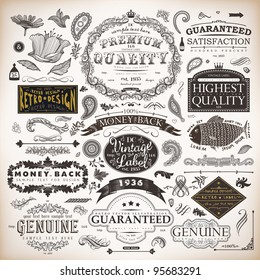 vector set: calligraphic design elements and page decoration, Premium Quality and Satisfaction Guarantee Label collection with vintage engraving flowers