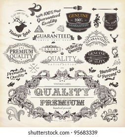 vector set: calligraphic design elements and page decoration, Premium Quality and Satisfaction Guarantee Label collection with detailed vintage floral frame and deer head
