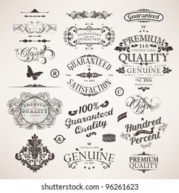 vector set: calligraphic design elements, flowers and retro frames, Premium Quality and Satisfaction Guarantee vintage design Labels. Old style, vector collection.