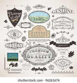 Vector set | calligraphic design elements, flowers and retro frames, Premium Quality and Satisfaction Guarantee vintage design Labels | Old style, vector collection.