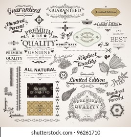 vector set: calligraphic design elements, flowers and retro frames, Premium Quality and Satisfaction Guarantee vintage design Labels. Old style, vector collection.